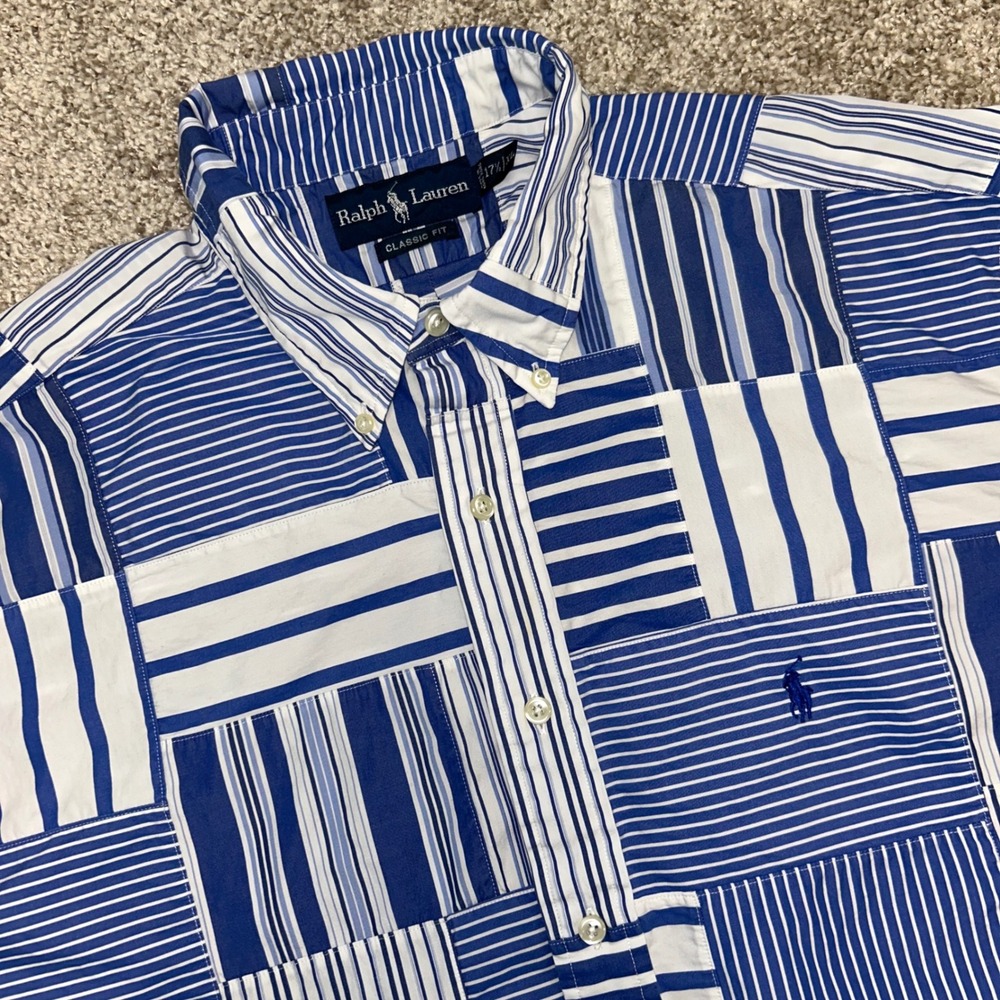 Ralph Lauren Vintage Oxford Patchwork Button Down Shirt Men 17.5/XL Blue Striped